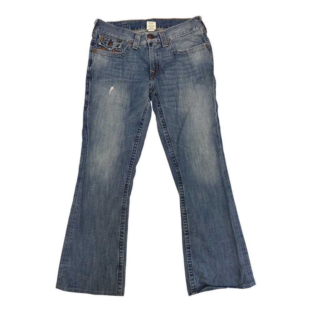 True Religion Billy Bootcut Blue Jeans Mens 34 Leather Horseshoe Made in USA VTG